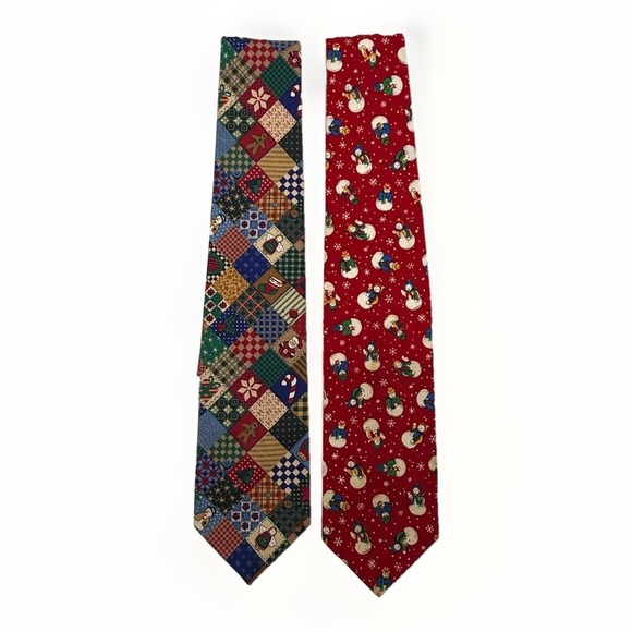 Vintage 90s Christmas Ties Lot of 2 Snowman Patchwork Season's Greetings Mens - Picture 2 of 6